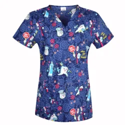 Women Scrub Top With V-Neck 100% Cotton Print scrub Uniforms Nurse Scrub Tops For Women