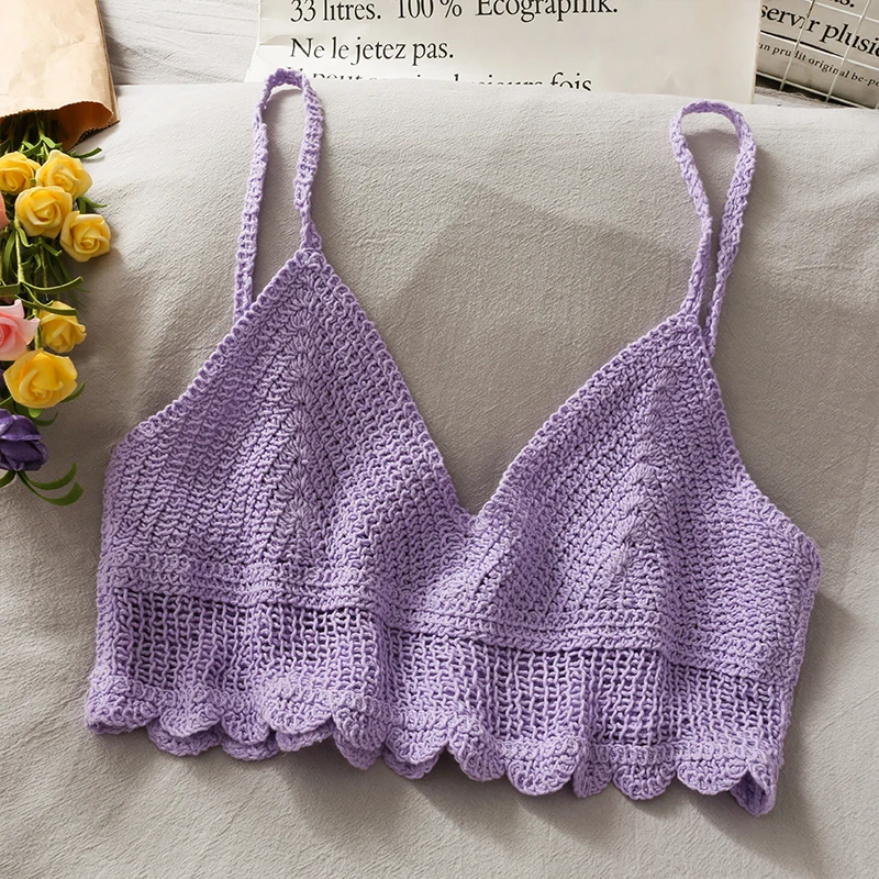 OUMEA Women Crochet Cotton Camis Top Candy Color Sweet Summer Beach Sexy Spaghetti Croceht Cropped Tops Scallop Edge Backless