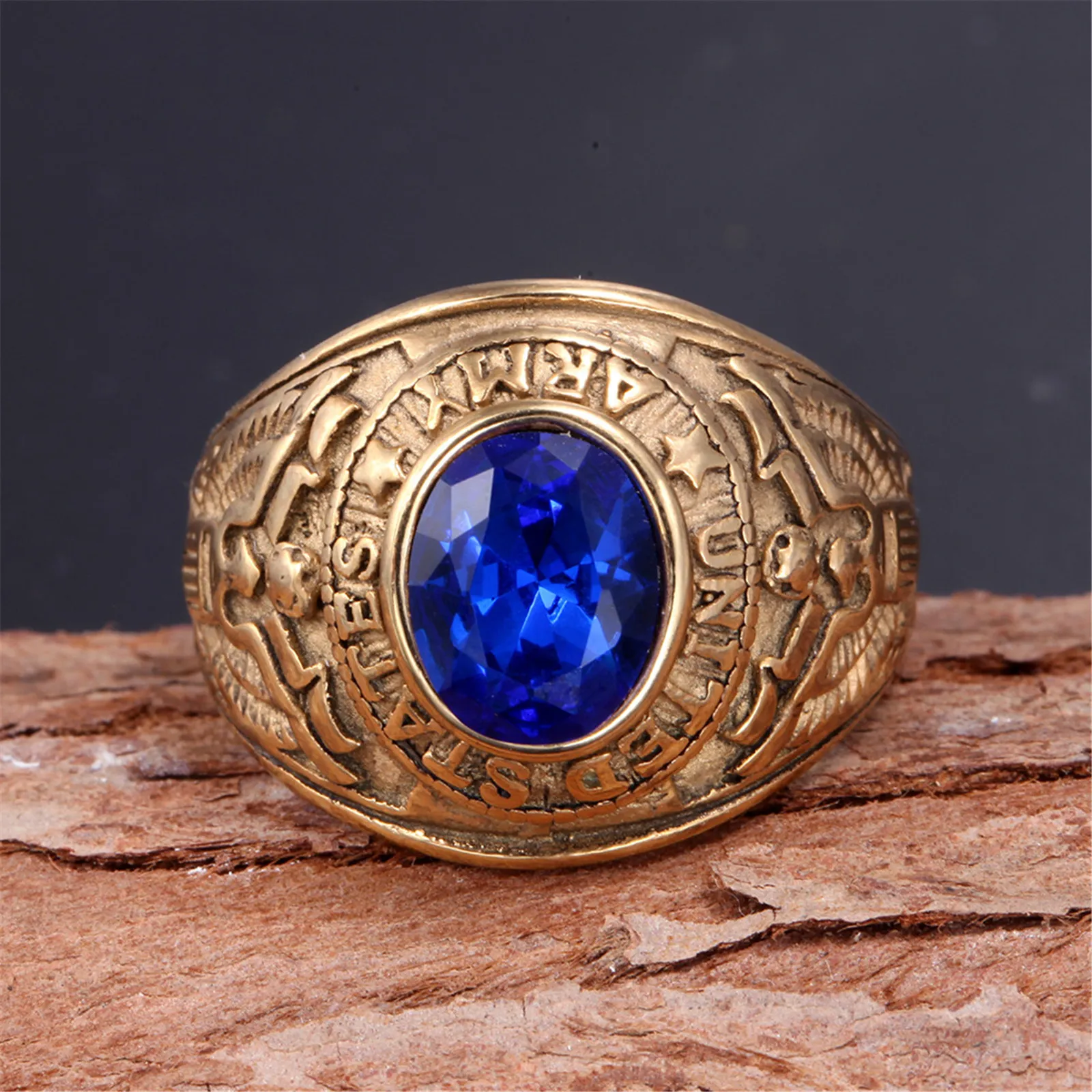 US Army Ring Golden United States American Stainless Steel Metal Military Jewelry with Blue Zircon Stone Punk Classic Style