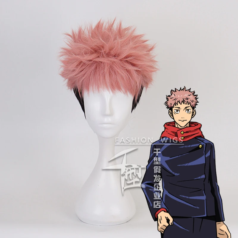 Anime jujutsu kaisen yuji itadori peruca cosplay traje resistente ao calor do cabelo sintético das mulheres dos homens perucas curtas + touca de peruca