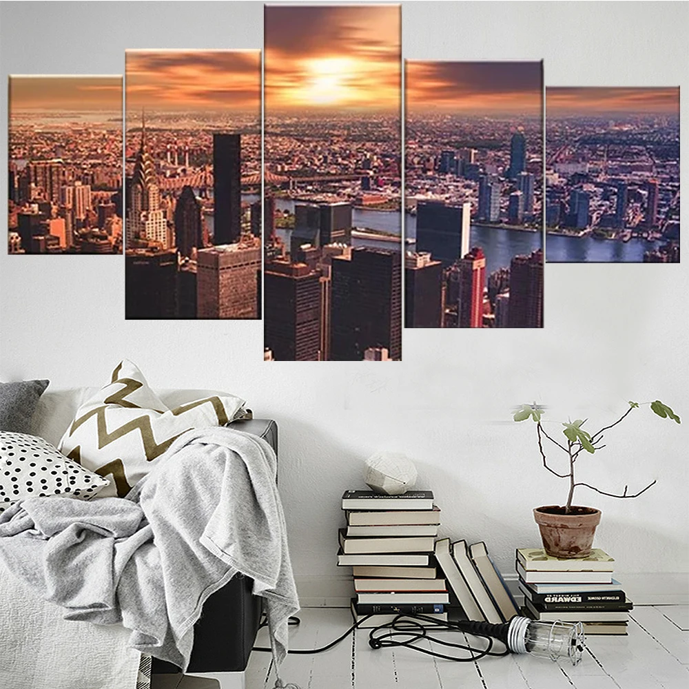 

5 Pieces Wall Art Canvas Painting Red Sunset City Scenery Landscape Poster Modern Home Modular Pictures Decoration Living Room