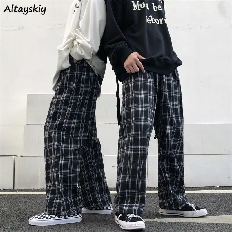 

Plaid Pants Women Couple Friends Baggy Loose High Waist Elastic Soft Straight All-match Trendy Checkered Spring Autumn Casual