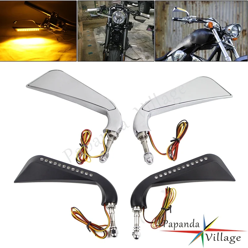 5/16 inch Thread Mount Side Rearview Mirrors W/ Flowing Amber LED Light For Harley Sporster Dyna Softail Bobber Chopper Custom