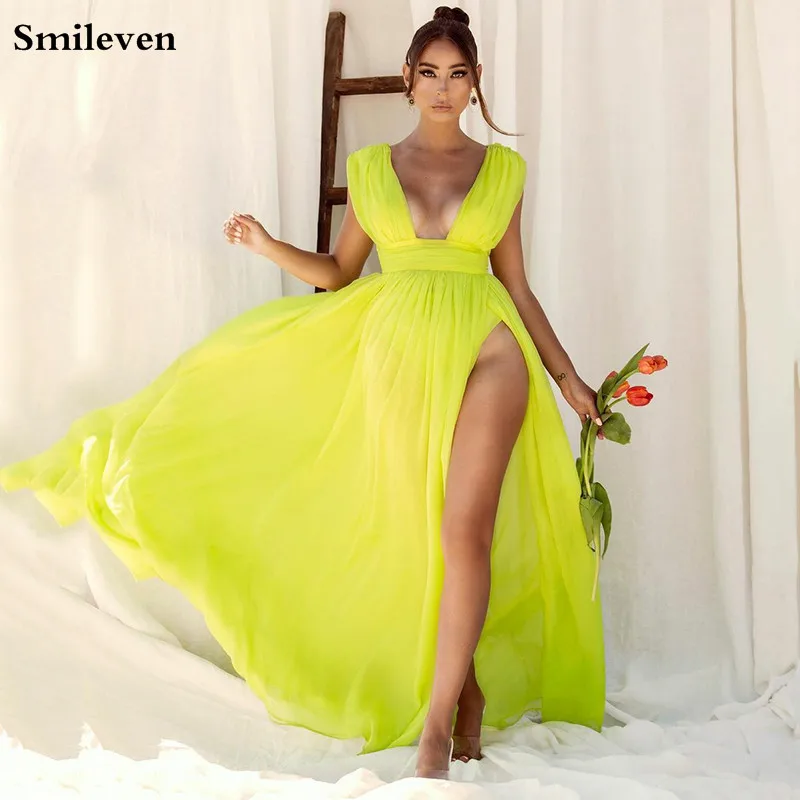 Smileven-Vestido largo de gasa para mujer, prenda Formal con pliegues laterales, cuello en V, color amarillo, Sexy, para fiesta de noche