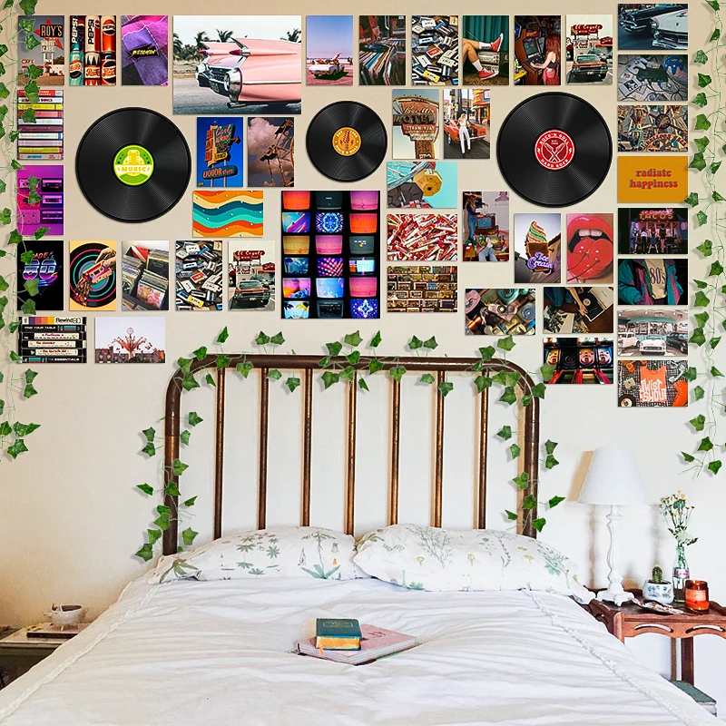 48Pcs Record Wall Aesthetic Collage Kit Retro Style Photo Fake Vines Vintage Album Model Card Bedroom Home Decor for Kids Adults