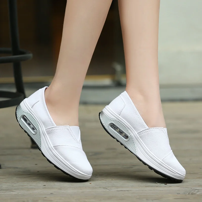 Women Canvas Shoes Comfortable Breathable Walking Shoes Air Cushion Lightweight Sports Footwear Increasing Height Slip-on