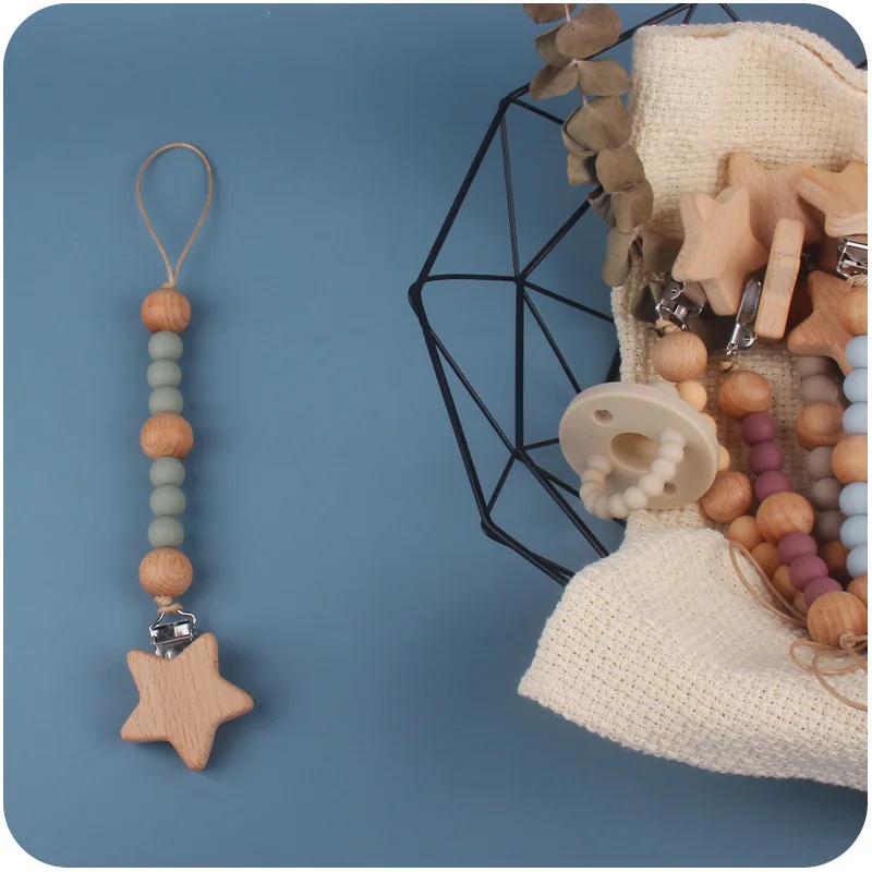 Baby Pacifier Clips Chain Wooden Star Holder Soother Pacifier Clip Leash Strap Nipple Holder For Infant Chain Nursing Accessorie