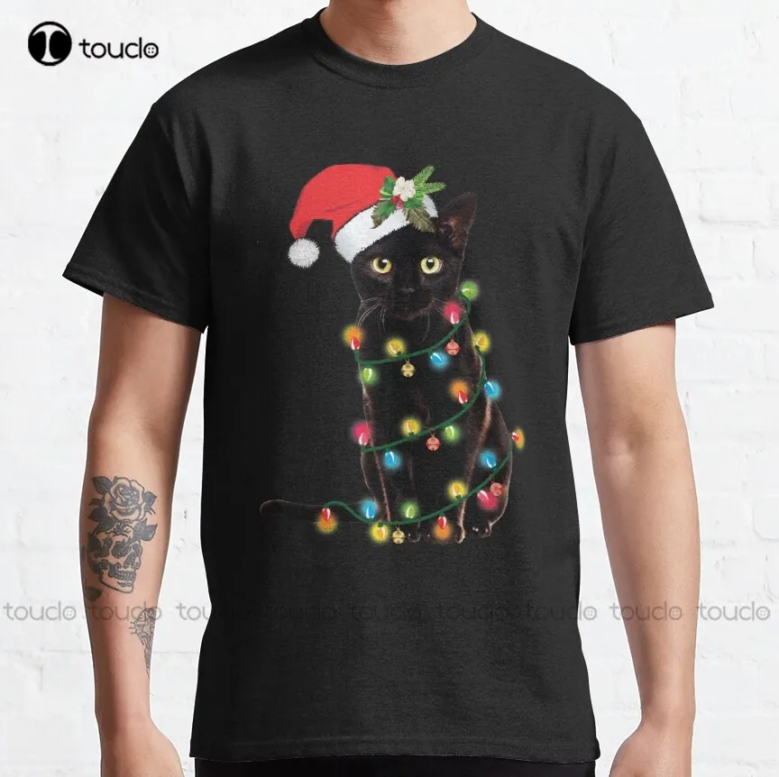 Black Santa Cat Tangled Up In Lights Christmas Santa  Classic T-Shirt Womens Shirts Custom Aldult Teen Unisex Fashion Funny