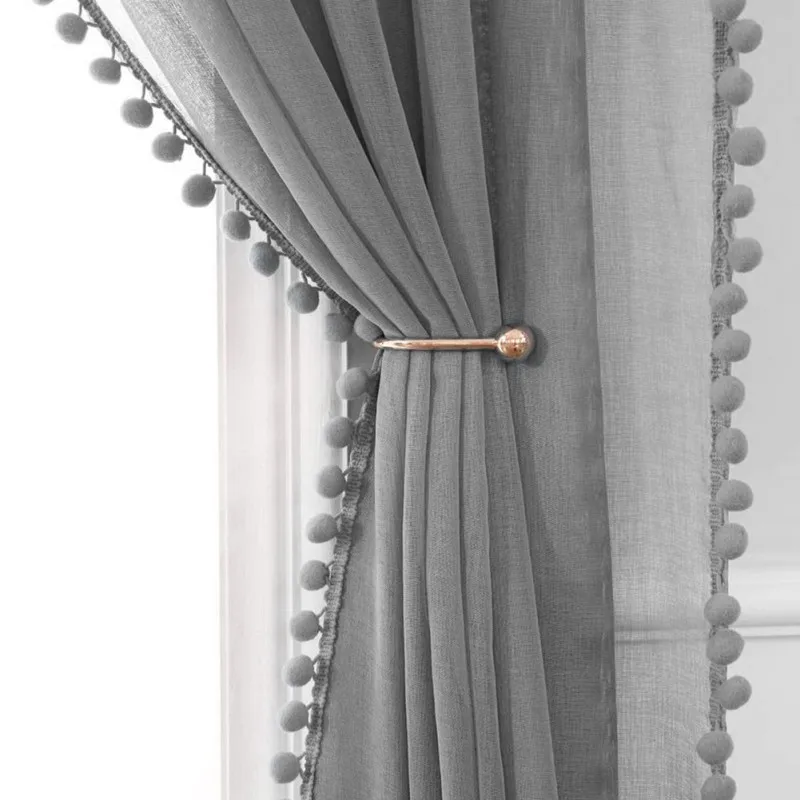 Window Sheer Curtains with Pom Pom Tassel Voile Curtains Rod Pocket Voile Semi-Sheer Curtains for Living and Bedroom 1Panel