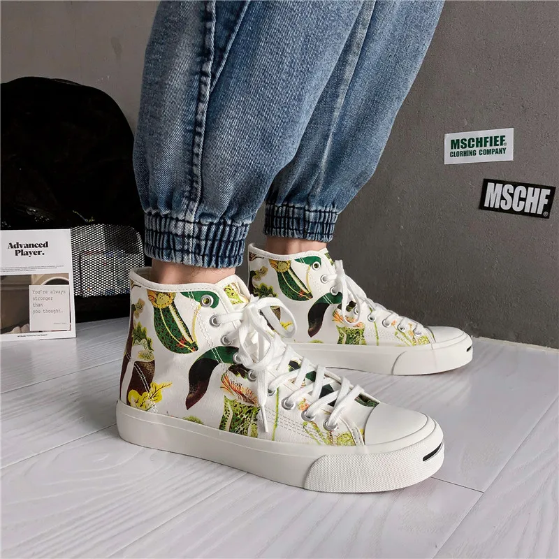 New Fashion Printed Canvas Shoes Men's Tennis Shoes Vulcanized Flower High Quality Leisure White Canvas Shoes Zapatos Hombre