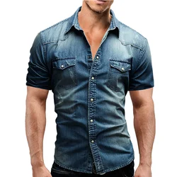 Camicia sottile in Denim estivo da uomo manica corta in morbido cotone due tasche Jeans Slim leggeri elastici camicia da Cowboy abbigliamento 2023