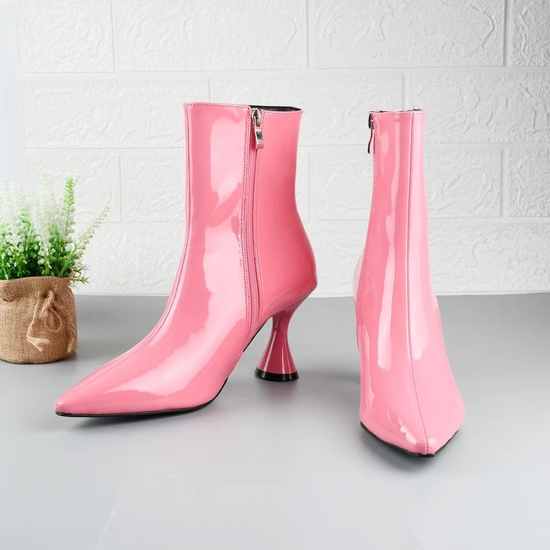 Fashion Patent Leather Pointed Toe Womens Ankle Boots Zipper Single Boots Female Candy Color High Heel Boots Women Shoes Size 42