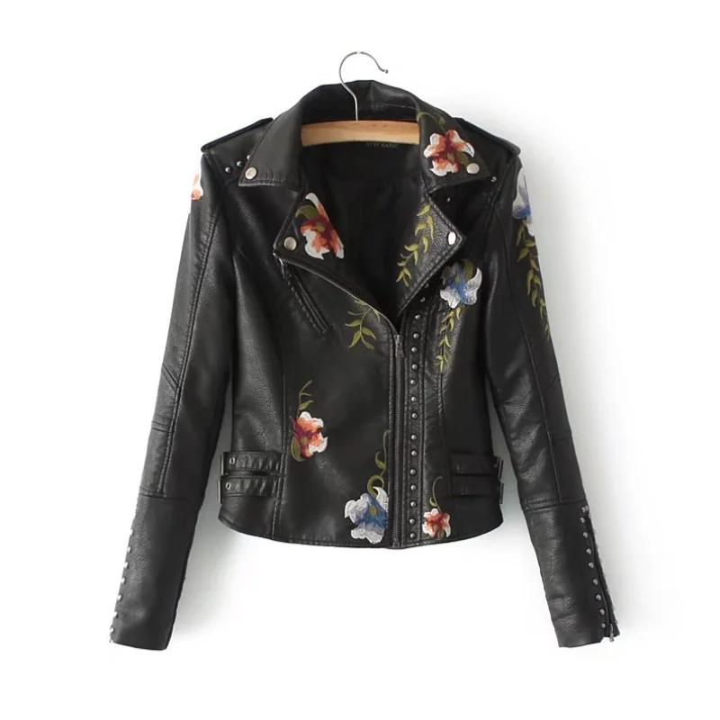 Women Print Embroidery Faux Soft Pu Leather Jacket Coat Turn-down Collar Casual Motorcycle Black Punk Outerwear