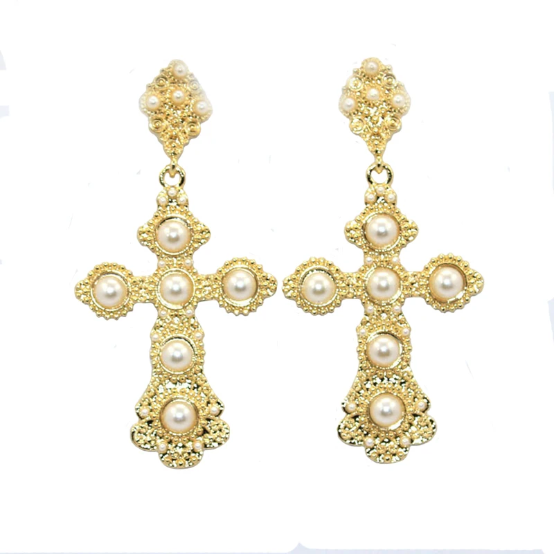 Classical Vintage Crystal Cross Drop Earrings for Women Baroque Vintage Large Long Dangle Earring Jewelry