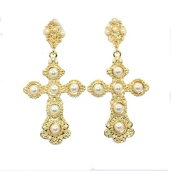 Classical Vintage Crystal Cross Drop Earrings for Women Baroque Vintage Large Long Dangle Earring Jewelry