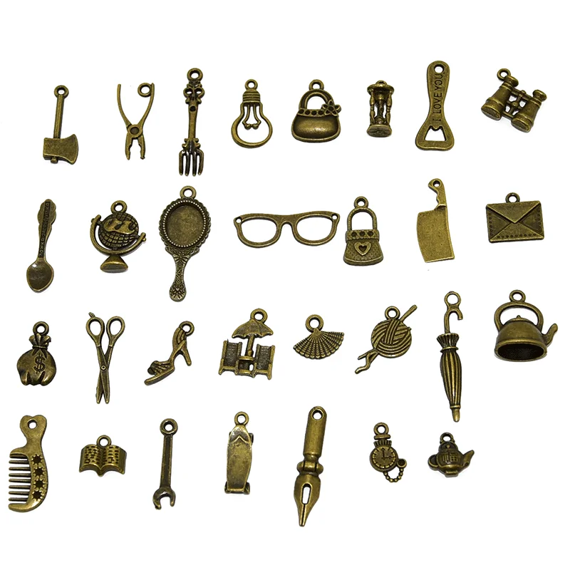 30pcs Wholesale Vintage Daily Necessities Charms Zinc Alloy Metal  Mixed Pendants For DIY Handmade Jewelry Accessories Making