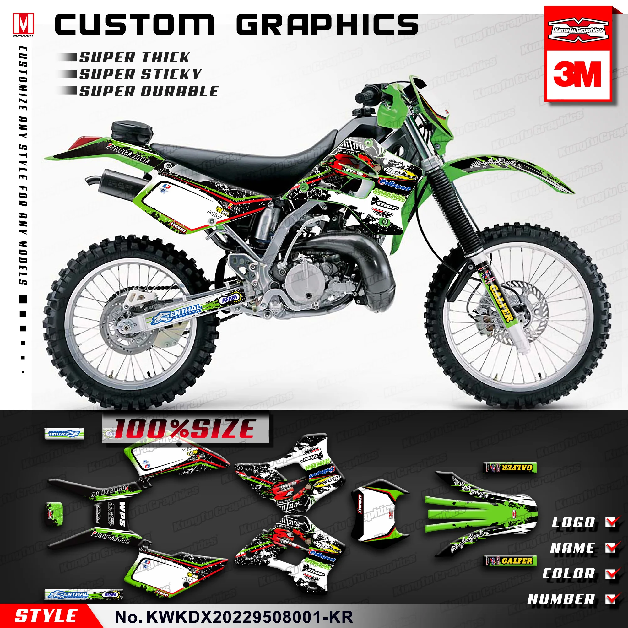 KUNGFU GRAPHICS Motocross Stickers for Kawasaki KDX 200 220 1995 1996 1997 1998 1999 2000 2001 2002 to 2008, Customizable