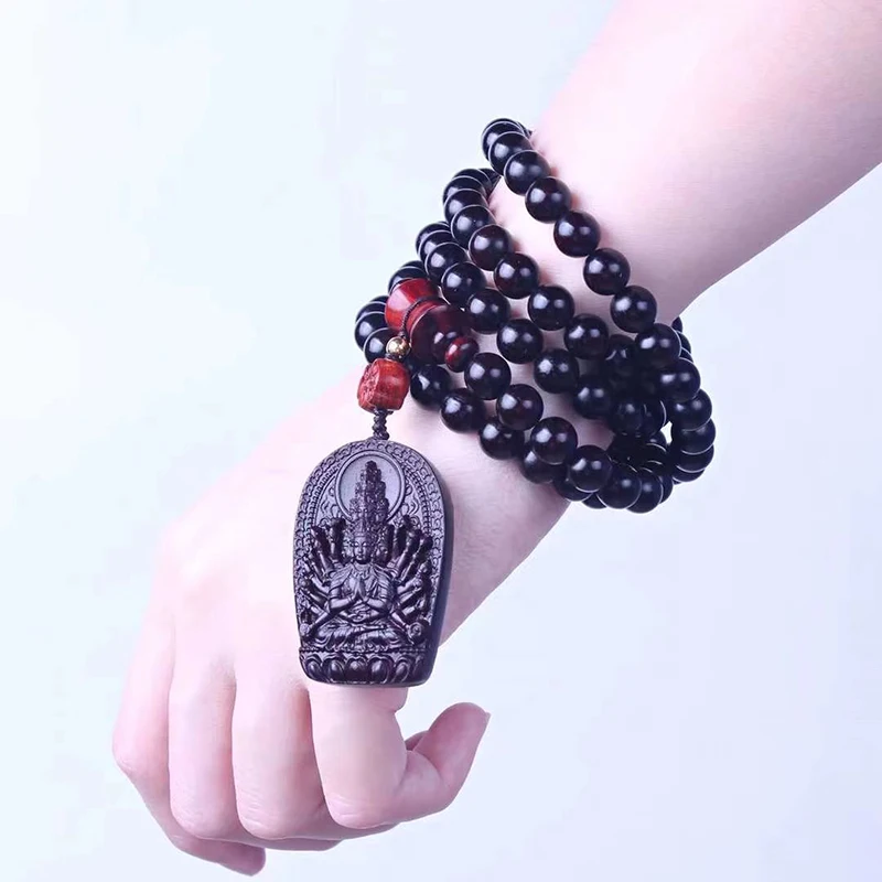 Thousand hand Guanyin pendant small leaf red sandalwood hand String Bracelet Buddha beads 108 National Style old materials