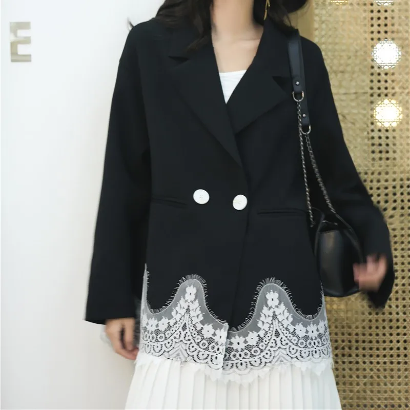 

IHOBBY Retro Eyelash Lace Stitched Suit Jacket Long Sleeves Loose Style 2021 Spring Autumn Female Blazer