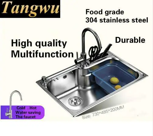 Free shipping Home stretch faucet wash vegetables large kitchen single trough sink 304 stainless steel 730x480 MM