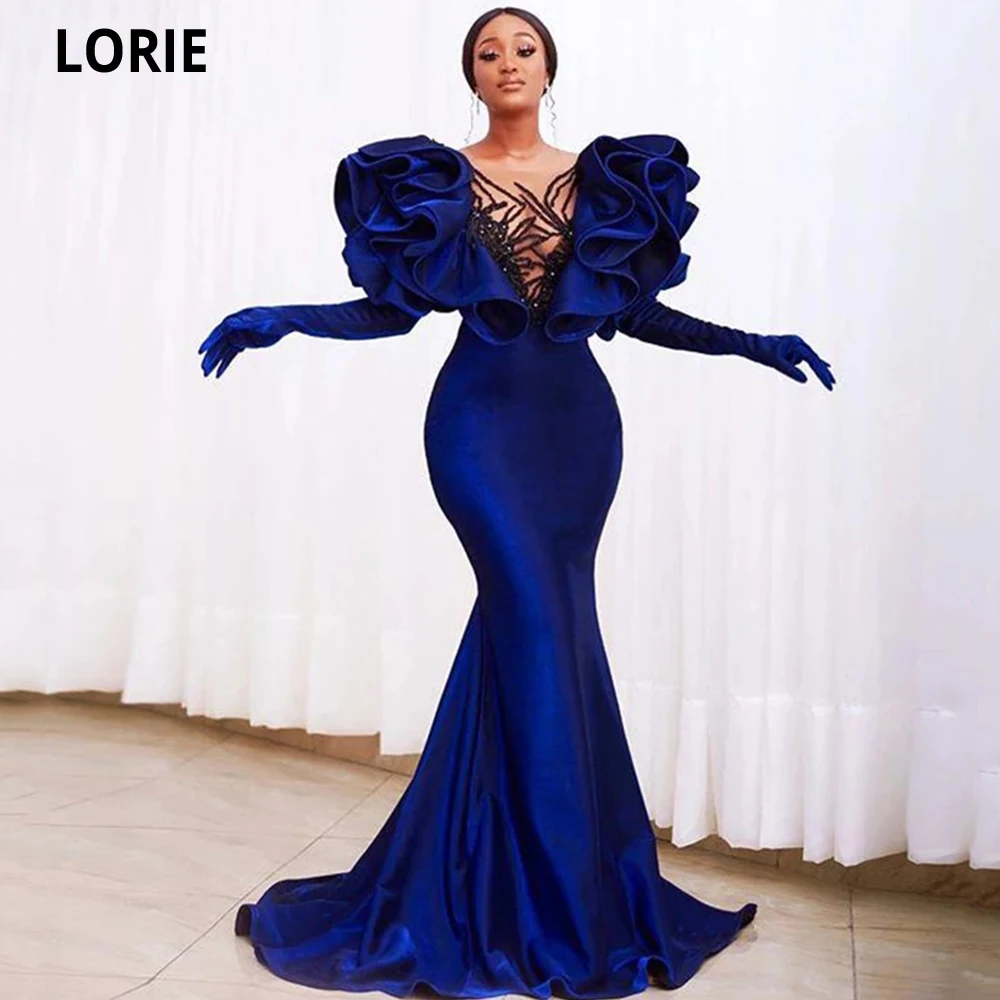 

LORIE Sexy Royal Blue Mermaid Evening Dresses Sheer Neck Prom Dresses Velvet Formal Party Dress Arabic Aso Ebi Evening Gown