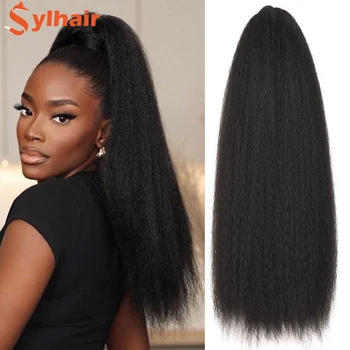 Sylhair – queue de cheval synthétique longue bouffante Afro, cheveux naturels crépus lisses avec cordon de serrage, avec Clip, bande élastique