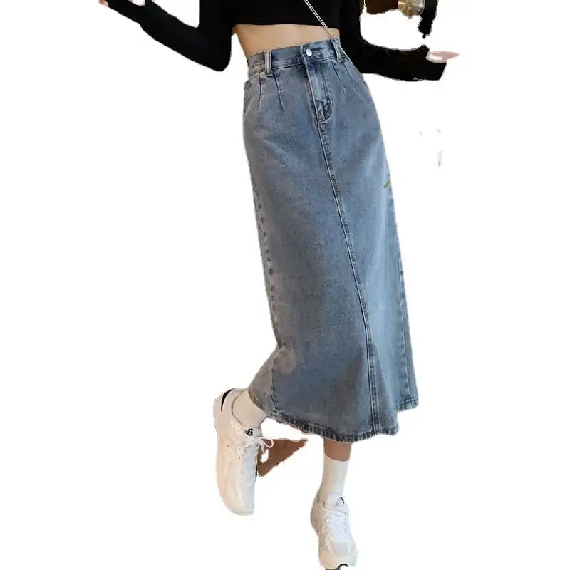 

2024 Autumn Winter New Retro Simple Solid Color Split Denim Skirt Elastic High Waist Slim Casual Women Long Skirt Free Shipping