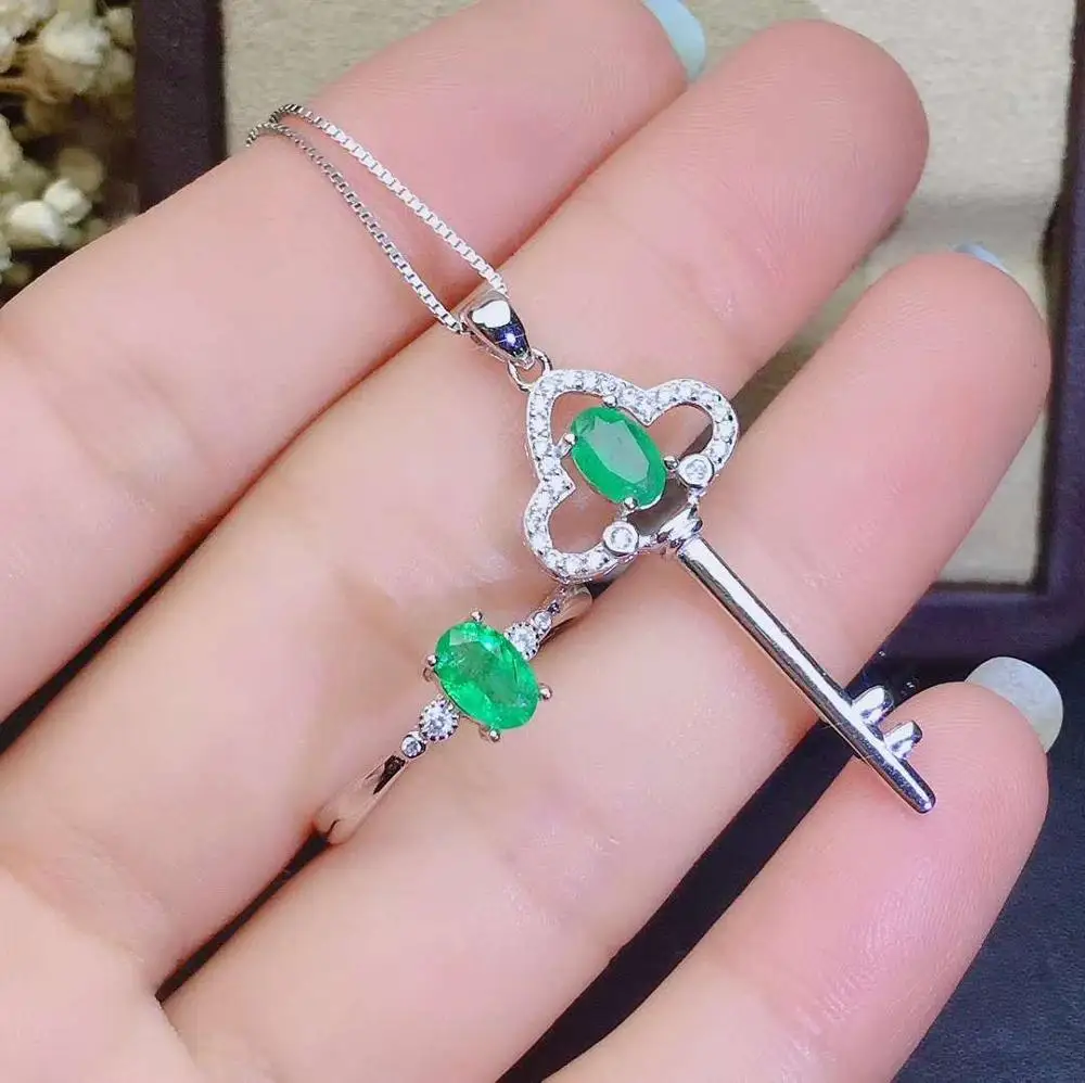 

Real Natural Emerald jewelry set Natural Real Emerald 925 sterling silver 1pc pendant,1pc ring
