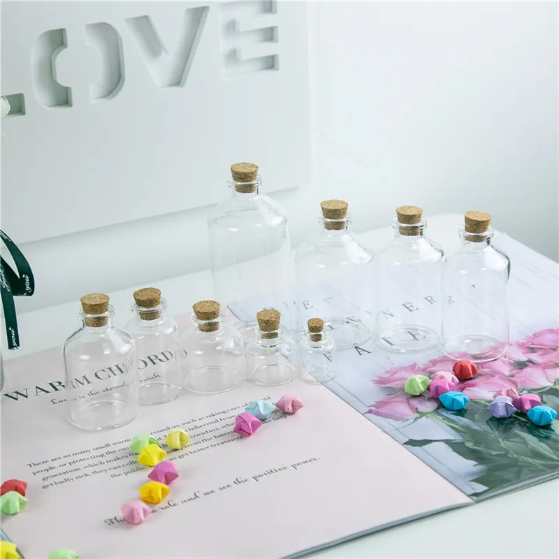 24PC Mini Transparent Glass Cork Bottles Crafts Vials Clear Glass Empty Wishing Bottles 4ml 10ml 100ml Jars Containers Diy Vials