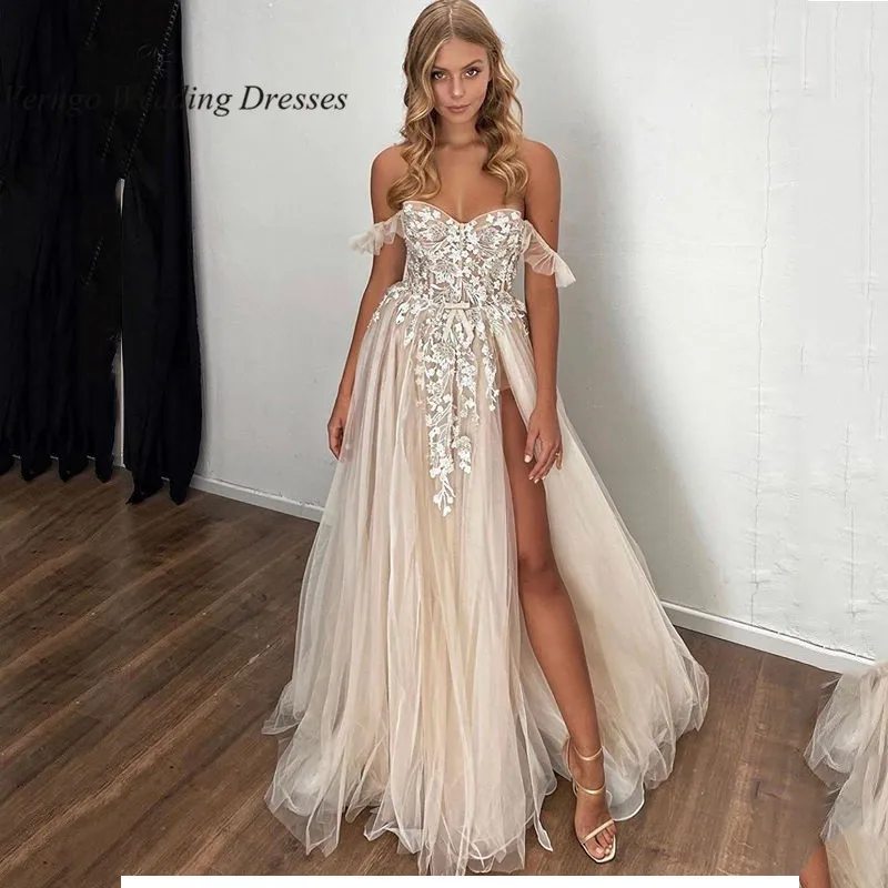 Verngo Beach Wedding Dress Seksi Sisi Celah Gaun Pernikahan Renda Bordiran Tulle Pengantin Gaun Off Bahu Gaun Panjang 2020 Vestidos