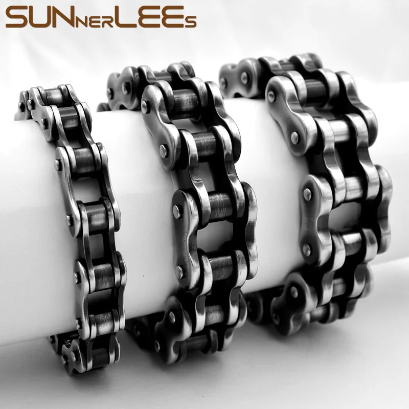 SUNNERLEES 316L Stainless Steel Bracelet Bangle Biker Bicycle Motorcycle Link Chain Retro Black Men Boy Gift BC09