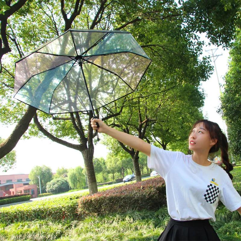 Transparent Plasstic Three Fold Women Rain Umbrella  Automatic Rainbow Umbrellas For Girls Kids Outdoor Hiking Windproof Parosal