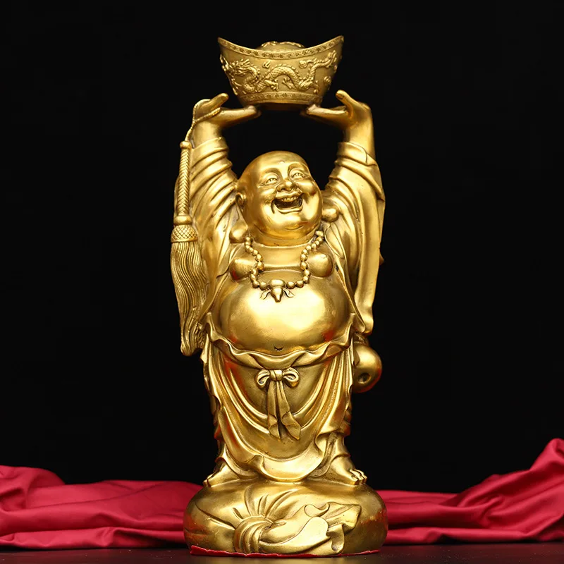 Copper God of Wealth Maitreya Buddha Lucky Housewarming Business Start Figure Shoe-Shaped Gold Ingot Home Decor Gift