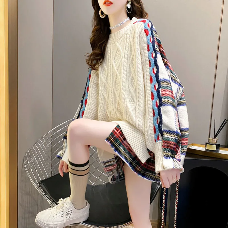 Fake Two-piece Women\'s Sweater Loose Outside Wearing 2024 Autumn Winter Shirt Stitched Knitted Top Students Pullover Women