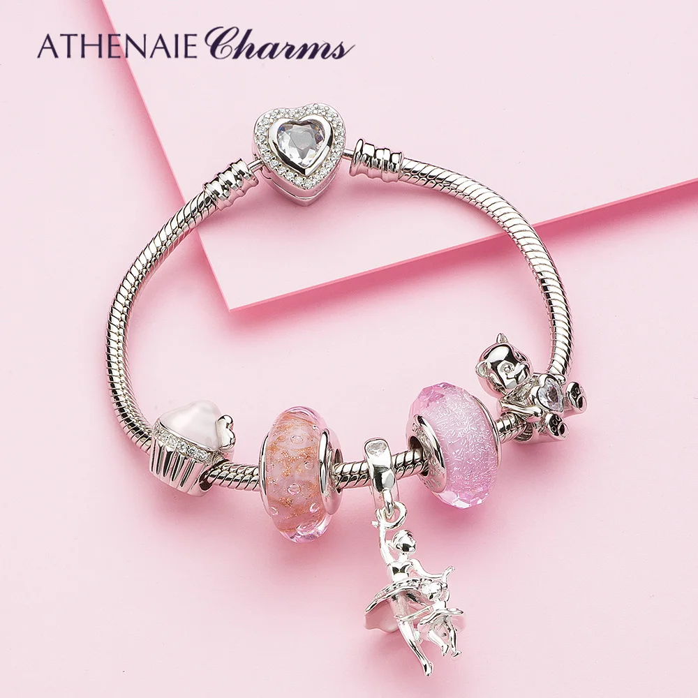 ATHENAIE Heartbeat Charm 925 Sterling Silver Pink Enamel Cupcake Charms Beads for Women Bracelet Necklace For Girl Gift