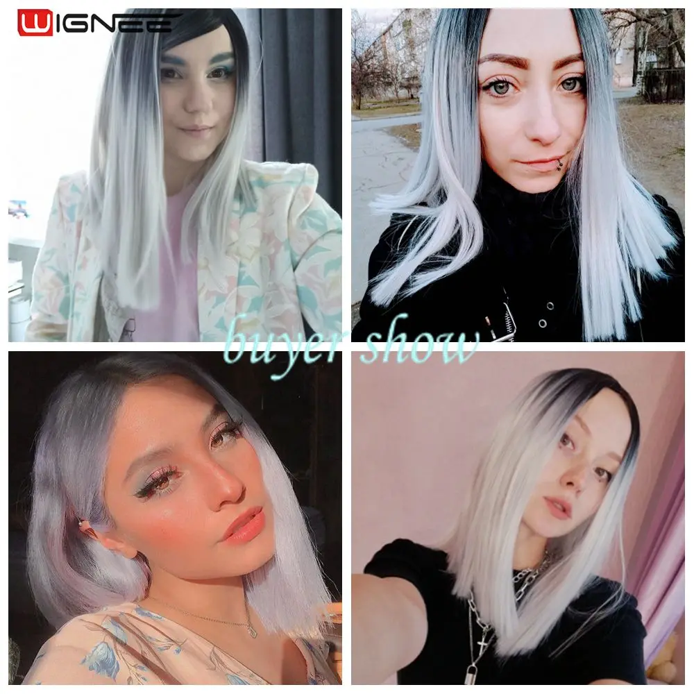 Wignee Synthetic Wig Cosplay Short Hair Wig For White Women Purple Light Gray Straight Wig High Temperature Fiber Daily Life