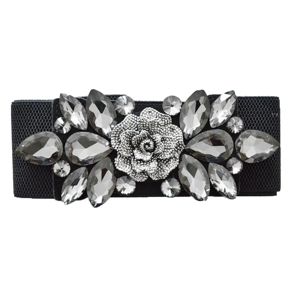 Women Belts Wedding Party Fashion Luxury Floral Buckle Rhinestone Elastic Wide Clinch Belt Waistband