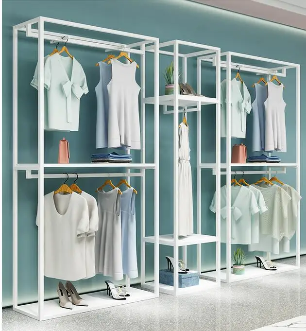 

Clothing store display rack simple white shelf women's clothing store double hangers store display clothes shelves