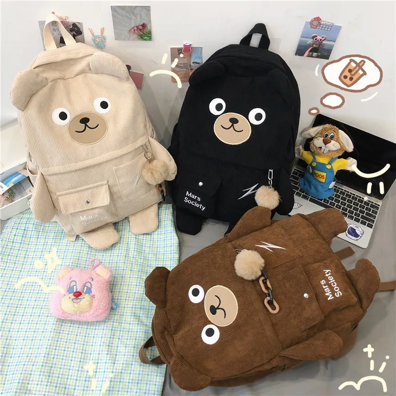 2021 New Cartoon Bear Corduroy Women Backpack Female Cute Stripe School Bag Luxury Embroidery Travel Backpacks For Teenage Girls