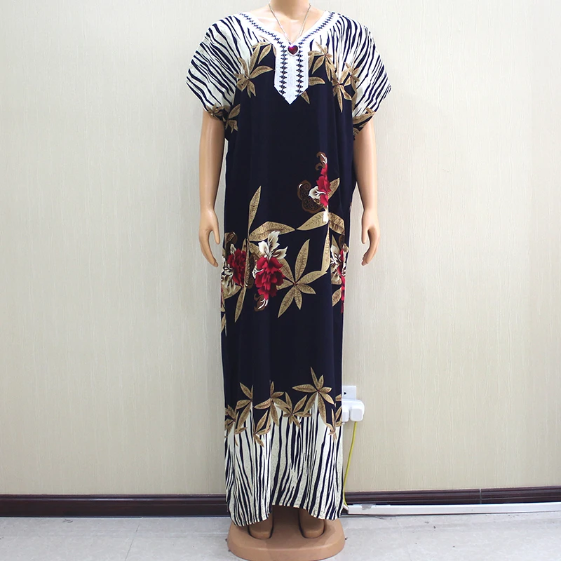 

Vintage Multicolored Floral Print Loose Autumn Winter Long Dress Women Embroidery V Neck Elegant African Maxi Dresses