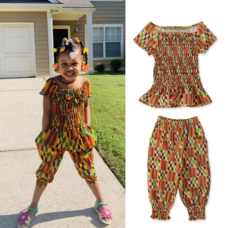 

Summer Kids News African Clothes Baby Girl Top Pants Suit Dashiki Print African Dresses for Girl Costume Clothing