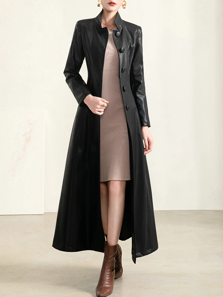 Imagem -06 - Primavera e Outono Nova Jaqueta de Couro Preto Feminino Mid-length Moda High-end Qualidade Gola de Couro Fino Trench Coat