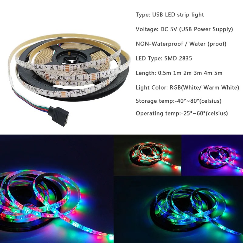 USB LED 스트립 조명, RGB 5050 2835 TV 배경 조명, 홈 데코 페어리 LED 조명, 블루투스 1M, 2M, 5M, 10M, 15M, 20M, 30M, 5V