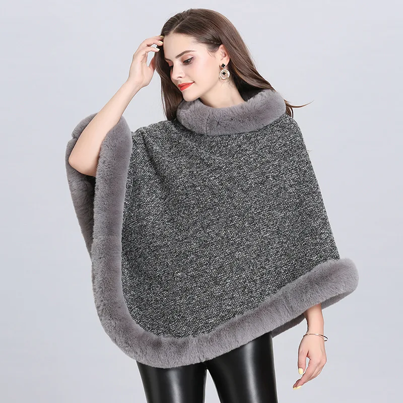 10 Colors Winter Velvet Warm Knitted O Neck Faux Fox Fur Poncho Shawl Women Capes Knitwear Plus Size Pullover Outstreet Overcoat