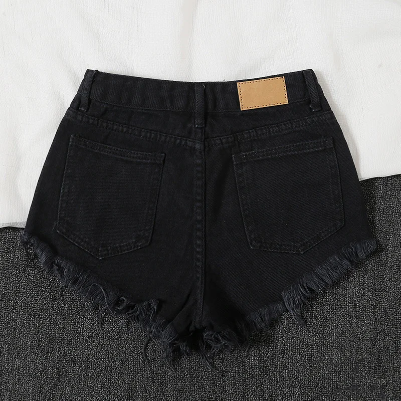 Street High Sequins Tassel Frayed Wide Leg Black Denim Shorts Women Summer A-Line Hot Pants Vintage High Waist White Shorts Blue