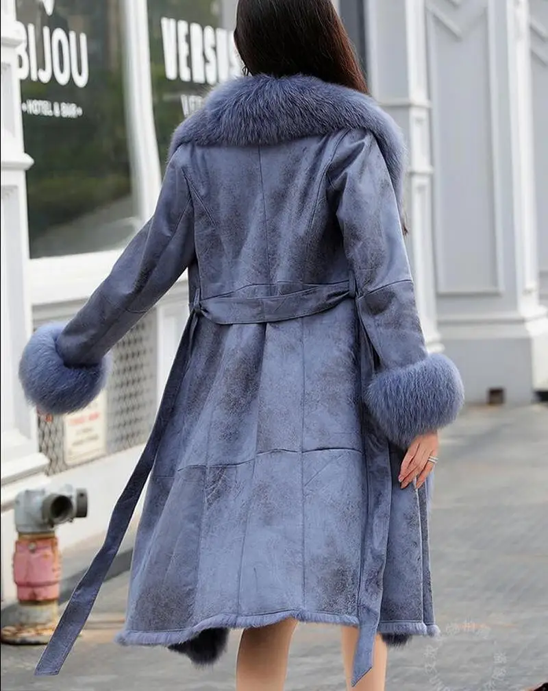 2021 New Real Double Face Rabbit Fur Coat Women's Mid-Length Winter Close-Fitting Leather Fox Fur Collar Cuffs Fur Garments