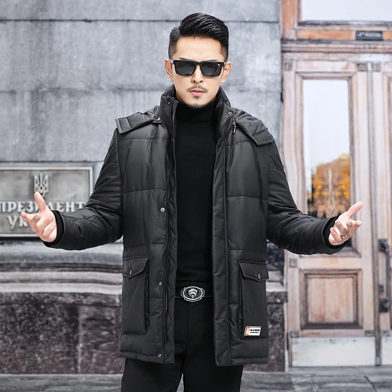 Mens New Winter Hoodie Thick Warm Cowhide Down Jacket Moto Biker Windbreaker Mid Long Genuine Leather Coat Male Outwear Overcoat