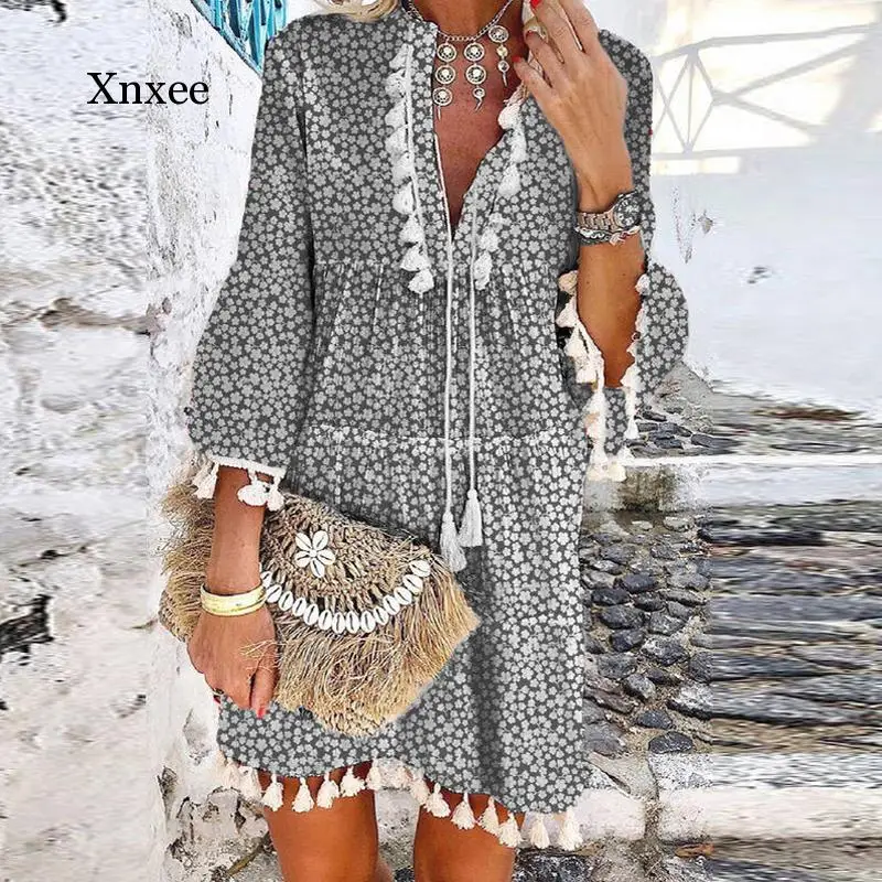 

Vintage Women Floral Print A-Line Party Dress Autumn gray V Neck Lace Up Tassel Mini Dress Elegant Long Sleeve Ladies Dresses