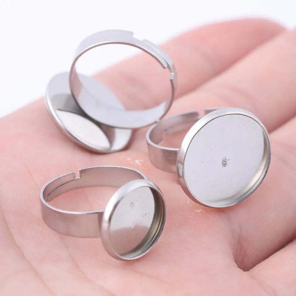 Onwear 20pcs 10mm 12mm 14mm 16mm Cabochon Ring Base Diy Setting Blanks Stainless Steel Adjustable For Jewelry Making Findings