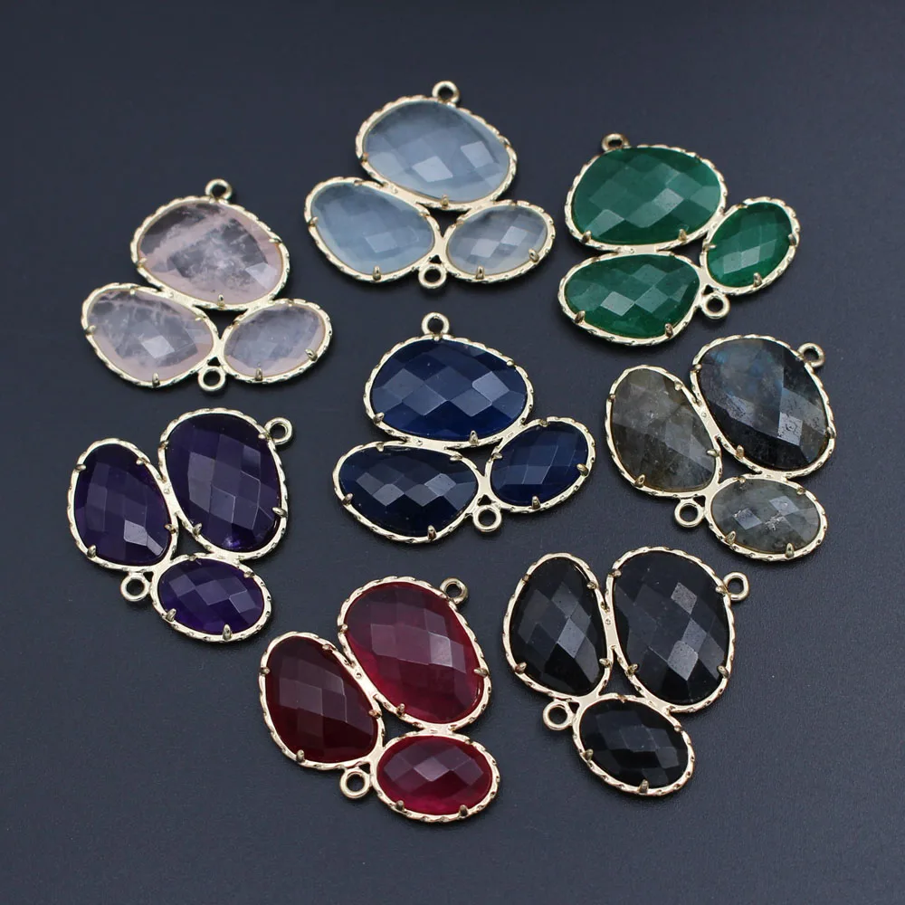 10pcs Triple Stone Connectors Rose Quartz Green Red Jade Stone Pendant Charms For DIY Dangle Earrings Women Wedding Jewelry
